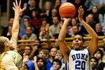 DURHAM, NC - JANUARY 19:  Andre Dawkins #20 of the Duke Blue Devils shoots a three-point basket against the Wake Forest Demon Deacons during play at Cameron Indoor Stadium on January 19, 2012 in Durham, North Carolina.  (Photo by Grant Halverson/Getty Images)