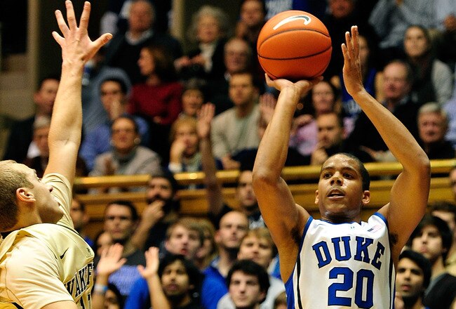 DURHAM, NC - JANUARY 19:  Andre Dawkins #20 of the Duke Blue Devils shoots a three-point basket against the Wake Forest Demon Deacons during play at Cameron Indoor Stadium on January 19, 2012 in Durham, North Carolina.  (Photo by Grant Halverson/Getty Images)