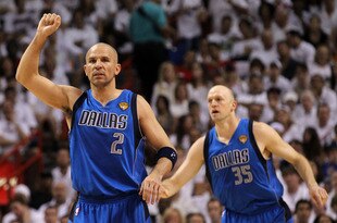 MIAMI, FL - JUNE 12:  (L-R) Jason Kidd #2 and Brian Cardinal #35 of the Dallas Mavericks get back on defense against the Miami Heat in Game Six of the 2011 NBA Finals at American Airlines Arena on June 12, 2011 in Miami, Florida. NOTE TO USER: User expressly acknowledges and agrees that, by downloading and/or using this Photograph, user is consenting to the terms and conditions of the Getty Images License Agreement.  (Photo by Ronald Martinez/Getty Images)