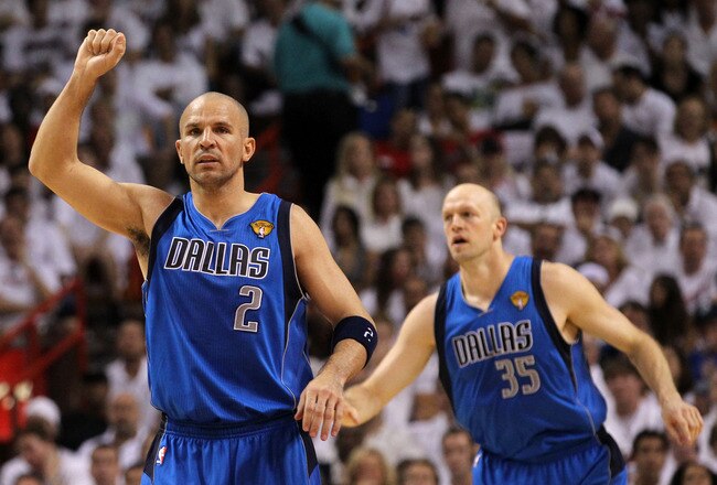 MIAMI, FL - JUNE 12:  (L-R) Jason Kidd #2 and Brian Cardinal #35 of the Dallas Mavericks get back on defense against the Miami Heat in Game Six of the 2011 NBA Finals at American Airlines Arena on June 12, 2011 in Miami, Florida. NOTE TO USER: User expressly acknowledges and agrees that, by downloading and/or using this Photograph, user is consenting to the terms and conditions of the Getty Images License Agreement.  (Photo by Ronald Martinez/Getty Images)