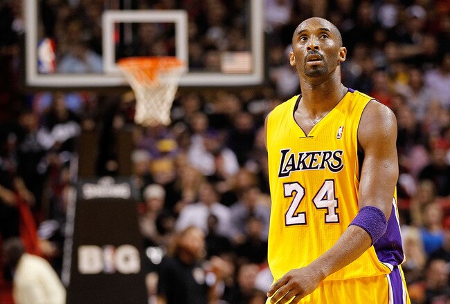 MIAMI, FL - JANUARY 19:  Kobe Bryant #24 of the Los Angeles Lakers looks on during a game against the Miami Heat at American Airlines Arena on January 19, 2012 in Miami, Florida. NOTE TO USER: User expressly acknowledges and agrees that, by downloading and/or using this Photograph, User is consenting to the terms and conditions of the Getty Images License Agreement.  (Photo by Mike Ehrmann/Getty Images)