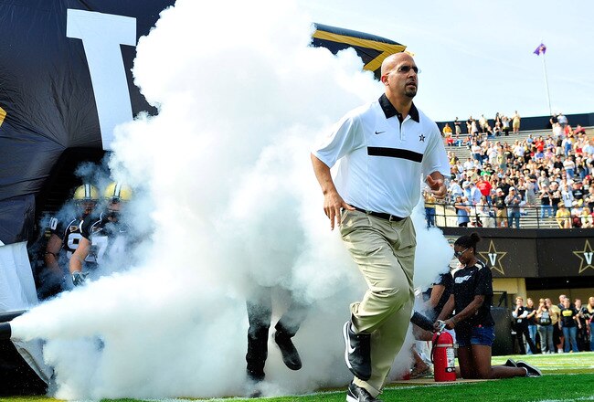 NASHVILLE, TN - SEPTEMBER 17:  Coach James Franklin of the Vanderbilt Commodores leads his team onto the field for a game against the Ole Miss Rebels at Vanderbilt Stadium on September 17, 2011 in Nashville, Tennessee.  (Photo by Grant Halverson/Getty Images)