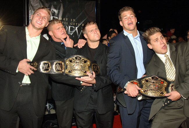 Spirit Squad, Kenny (left), Nicky, Mikey (3rd from left), Mitch and Johnny are World Tag Team Champions (Photo by J.Sciulli/WireImage for LIONSGATE)