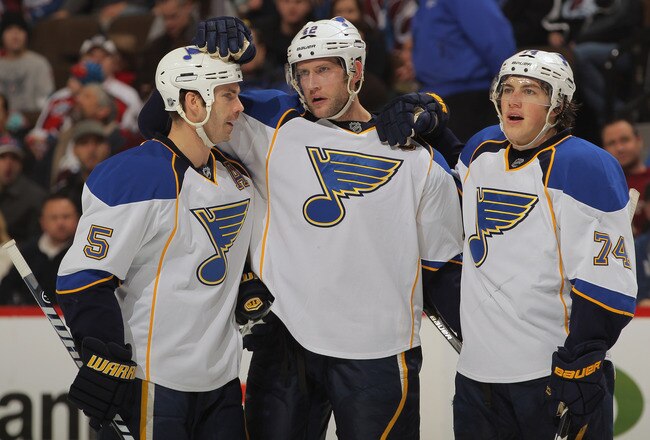 DENVER, CO - DECEMBER 21:  David Backes #42 of the St. Louis Blues celebrates his second period goal against the Colorado Avalanche with teammates Barret Jackman #5 and T.J. Oshie #74 of the St. Louis Blues at the Pepsi Center on December 21, 2011 in Denver, Colorado.  (Photo by Doug Pensinger/Getty Images)