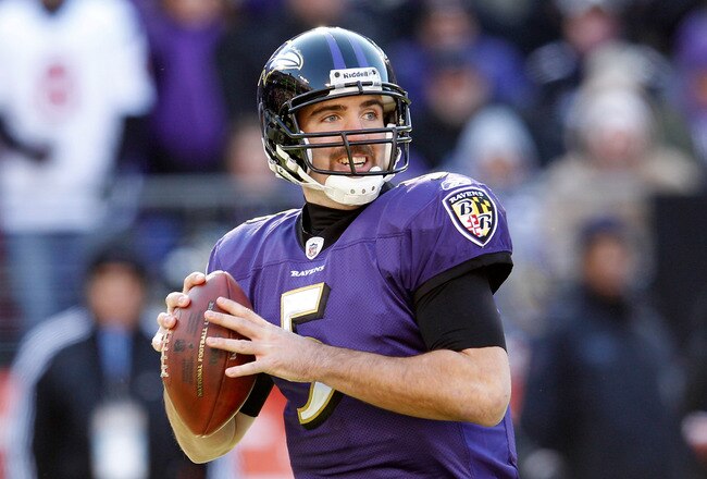 BALTIMORE, MD - JANUARY 15: Quarterback Joe Flacco #5 of the Baltimore Ravens looks to pass against the Houston Texans during the first quarter of the AFC Divisional playoff game at M&T Bank Stadium on January 15, 2012 in Baltimore, Maryland.  (Photo by Rob Carr/Getty Images)