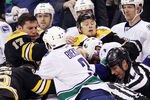 BOSTON, MA - JANUARY 07:  Milan Lucic #17 of the Boston Bruins fights with Kevin Bieksa #3 of the Vancouver Canucks in the first period on January 7, 2012 at TD Garden in Boston, Massachusetts.  (Photo by Elsa/Getty Images)