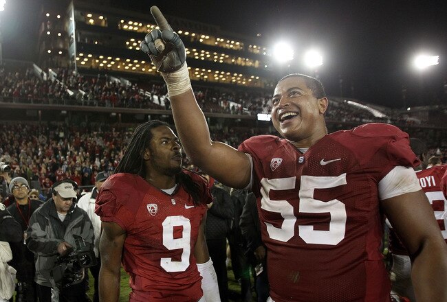 PALO ALTO, CA - NOVEMBER 27:  Jonathan Martin #55 and Richard Sherman #9 of the Stanford Cardinal celebrate after they beat the Oregon State Beavers at Stanford Stadium on November 27, 2010 in Palo Alto, California.  (Photo by Ezra Shaw/Getty Images)