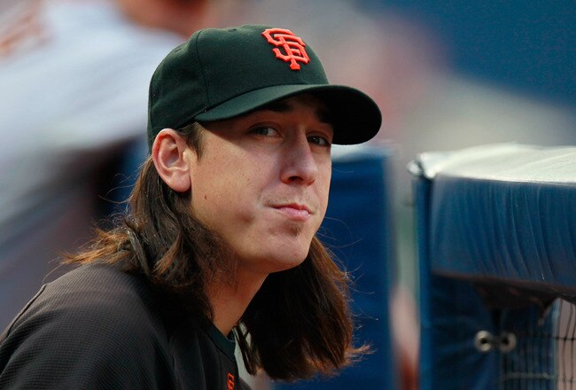 ATLANTA, GA - AUGUST 17:  Tim Lincecum #55 of the San Francisco Giants watches from the dugout against the Atlanta Braves at Turner Field on August 17, 2011 in Atlanta, Georgia.  (Photo by Kevin C. Cox/Getty Images)