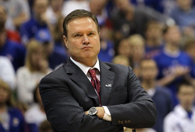 SAN ANTONIO, TX - MARCH 27:  Head coach Bill Self of the Kansas Jayhawks reacts during the southwest regional final of the 2011 NCAA men's basketball tournament against the Virginia Commonwealth Rams at the Alamodome on March 27, 2011 in San Antonio, Texas. Virginia Commonwealth defeated Kansas 71-61.  (Photo by Ronald Martinez/Getty Images)