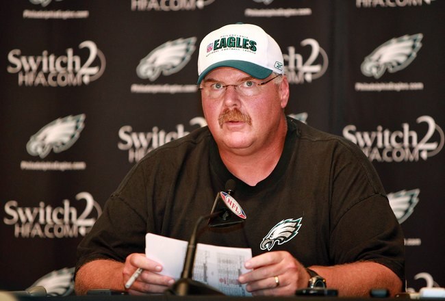 PHILADELPHIA - AUGUST 15:  Head coach Andy Reid of the Philadelphia Eagles speaks at a press conference regarding Michael Vick at the NovaCare Complex on August 15, 2009 in Philadelphia, Pennsylvania.  (Photo by Len Redkoles/Getty Images)