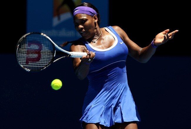 MELBOURNE, AUSTRALIA - JANUARY 19:  Serena Williams of the United States of America plays a forehand in her second round match against Barbora Zahlavova Strycova of the Czech Republic during day four of the 2012 Australian Open at Melbourne Park on January 19, 2012 in Melbourne, Australia.  (Photo by Quinn Rooney/Getty Images)