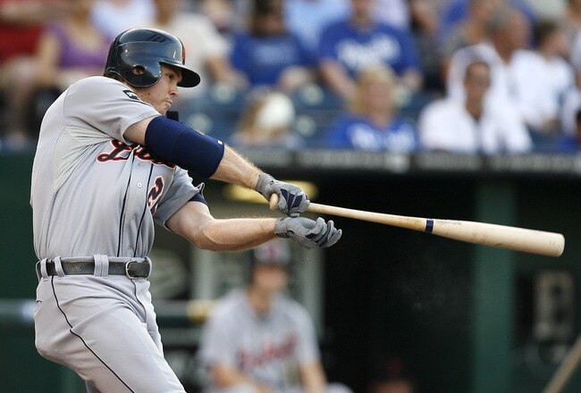 KANSAS CITY, MO - AUGUST 05: Brennan Boesch #26 of the Detroit Tigers drives the ball into right for a RBI triple in the first inning during a game against the Kansas City Royals at Kauffman Stadium on August 5, 2011 in Kansas City, Missouri.  (Photo by Ed Zurga/Getty Images)