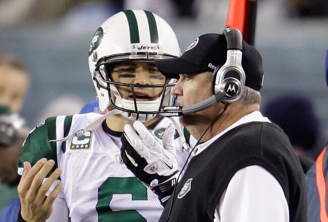 PHILADELPHIA, PA - DECEMBER 18:  Mark Sanchez #6 of the New York Jets talks with head coach Rex Ryan during the first half against the Philadelphia Eagles at Lincoln Financial Field on December 18, 2011 in Philadelphia, Pennsylvania.  (Photo by Rob Carr/Getty Images)