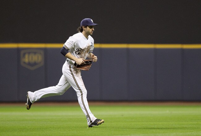MILWAUKEE, WI - OCTOBER 16:  Ryan Braun #8 of the Milwaukee Brewers runs towards the dugout from the outfield against the St. Louis Cardinals during Game Six of the National League Championship Series at Miller Park on October 16, 2011 in Milwaukee, Wisconsin.  (Photo by Christian Petersen/Getty Images)