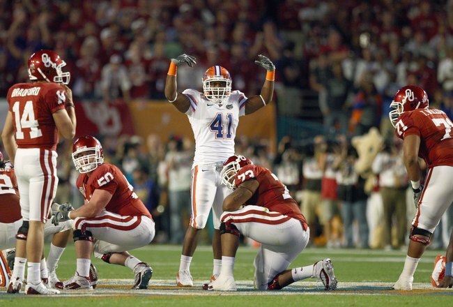 MIAMI - JANUARY 08:  Ryan Stamper #41 of the Florida Gators gets the crowd fired up during the FedEx BCS National Championship Game against the Oklahoma Sooners at Dolphin Stadium on January 8, 2009 in Miami, Florida.  (Photo by Donald Miralle/Getty Images)