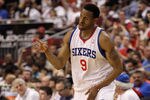 PHILADELPHIA, PA - APRIL 24: Andre Iguodala #9 of the Philadelphia 76ers celebrates after scoring against the Miami Heat during the second half in Game Four of the Eastern Conference Quarterfinals in the 2011 NBA Playoffs at Wells Fargo Center on April 24, 2011 in Philadelphia, Pennsylvania. NOTE TO USER: User expressly acknowledges and agrees that, by downloading and/or using this Photograph, User is consenting to the terms and conditions of the Getty Images License Agreement.  (Photo by Rob Carr/Getty Images)