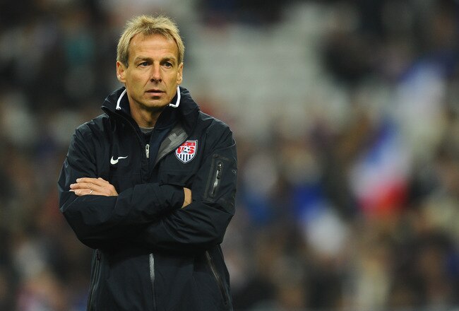 PARIS, FRANCE - NOVEMBER 11:  Coach Jurgen Klinsmann of USA looks on during a pre match training session prior to the International Friendly between France and USA at Stade de France on November 11, 2011 in Paris, France.  (Photo by Mike Hewitt/Getty Images)