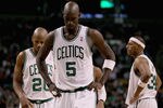 BOSTON, MA - JANUARY 06:  Kevin Garnett #5, Ray Allen #20 and Paul Pierce #34 of the Boston Celtics react in the fourth quarter against the Indiana Pacers on January 6, 2012 at TD Garden in Boston, Massachusetts. The Indiana Pacers defeated the Boston Celtics 87-74. NOTE TO USER: User expressly acknowledges and agrees that, by downloading and or using this photograph, User is consenting to the terms and conditions of the Getty Images License Agreement.  (Photo by Elsa/Getty Images)