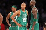 LOS ANGELES, CA - JUNE 15:  (L-R) Paul Pierce #34, Ray Allen #20 and Kevin Garnett #5 of the Boston Celtics look on in the second half while taking on the Los Angeles Lakers in Game Six of the 2010 NBA Finals at Staples Center on June 15, 2010 in Los Angeles, California.  NOTE TO USER: User expressly acknowledges and agrees that, by downloading and/or using this Photograph, user is consenting to the terms and conditions of the Getty Images License Agreement.  (Photo by Ronald Martinez/Getty Images)