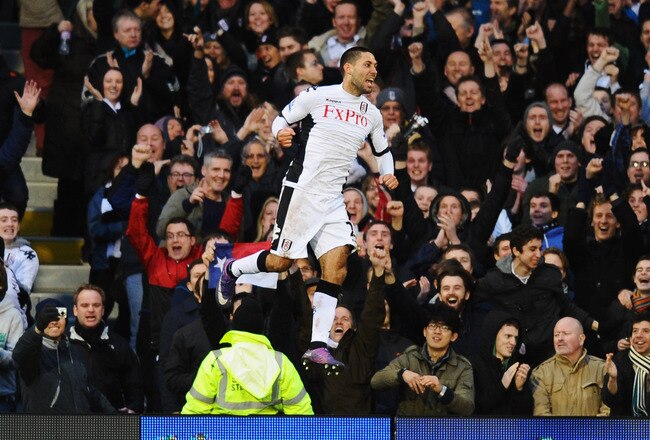 LONDON, ENGLAND - JANUARY 21:  Clint Dempsey of Fulham celebrates his goal during the Barclays Premier League match between Fulham and Newcastle United at Craven Cottage on January 21, 2012 in London, England.  (Photo by Mike Hewitt/Getty Images)