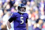 BALTIMORE, MD - JANUARY 15:  Quarterback Joe Flacco #5 of the Baltimore Ravens looks on during the second quarter of the AFC Divisional playoff game against the Houston Texans at M&T Bank Stadium on January 15, 2012 in Baltimore, Maryland.  (Photo by Patrick McDermott/Getty Images)