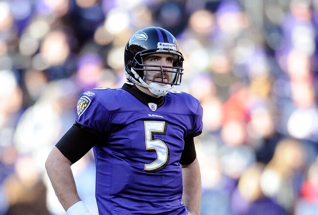 BALTIMORE, MD - JANUARY 15:  Quarterback Joe Flacco #5 of the Baltimore Ravens looks on during the second quarter of the AFC Divisional playoff game against the Houston Texans at M&T Bank Stadium on January 15, 2012 in Baltimore, Maryland.  (Photo by Patrick McDermott/Getty Images)