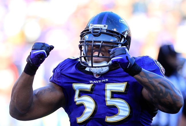 BALTIMORE, MD - JANUARY 15:  Terrell Suggs #55 of the Baltimore Ravens reacts during the third quarter of the AFC Divisional playoff game against the Houston Texans at M&T Bank Stadium on January 15, 2012 in Baltimore, Maryland.  (Photo by Chris Trotman/Getty Images)