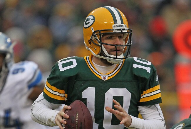 GREEN BAY, WI - JANUARY 01:  Matt Flynn #10 of the Green Bay Packerslooks for a receiver against the Detroit Lions at Lambeau Field on January 1, 2012 in Green Bay, Wisconsin. The Packers defeated the Lions 45-41.  (Photo by Jonathan Daniel/Getty Images)