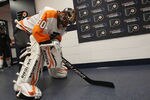 UNIONDALE, NY - NOVEMBER 23: Ilya Bryzgalov #30 of the Philadelphia Flyers pauses before heading out ofr warmups prior to the game against the New York Islanders at the Nassau Veterans Memorial Coliseum on November 23, 2011 in Uniondale, New York.  (Photo by Bruce Bennett/Getty Images)