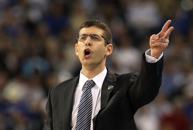 HOUSTON, TX - APRIL 04:  Head coach Brad Stevens of the Butler Bulldogs shouts from the sidelines against the Connecticut Huskies during the National Championship Game of the 2011 NCAA Division I Men's Basketball Tournament at Reliant Stadium on April 4, 2011 in Houston, Texas.  (Photo by Streeter Lecka/Getty Images)