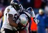 FOXBORO, MA - JANUARY 10:  Tom Brady #12 of the New England Patriots is sacked by Ray Lewis #52 of the Baltimore Ravens during the 2010 AFC wild-card playoff game at Gillette Stadium on January 10, 2010 in Foxboro, Massachusetts. The Ravens won 33-14. (Photo by Elsa/Getty Images)