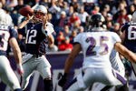 FOXBORO, MA - OCTOBER 17:  Tom Brady #12 of the New England Patriots looks for an open man during a game against the Baltimore Ravens at Gillette Stadium in the second half on October 17, 2010 in Foxboro, Massachusetts. (Photo by Jim Rogash/Getty Images)