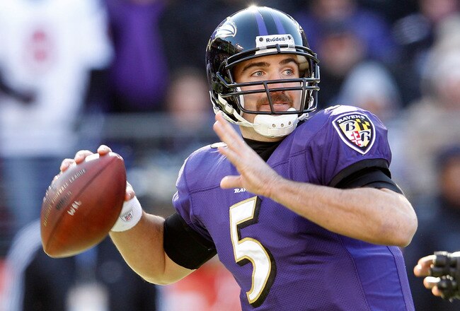 BALTIMORE, MD - JANUARY 15:  Quarterback Joe Flacco #5 of the Baltimore Ravens passes against the Houston Texans during the AFC Divisional playoff game at M&T Bank Stadium on January 15, 2012 in Baltimore, Maryland.  (Photo by Rob Carr/Getty Images)