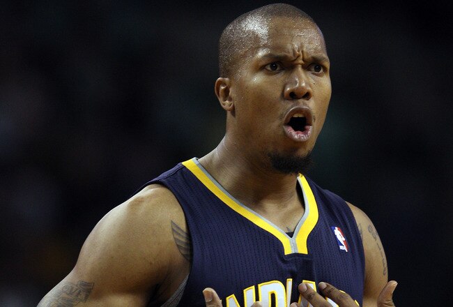 BOSTON, MA - JANUARY 06:  David West #21 of the Indiana Pacers reacts to a call in the second half against the Boston Celtics on January 6, 2012 at TD Garden in Boston, Massachusetts. The Indiana Pacers defeated the Boston Celtics 87-74. NOTE TO USER: User expressly acknowledges and agrees that, by downloading and or using this photograph, User is consenting to the terms and conditions of the Getty Images License Agreement.  (Photo by Elsa/Getty Images)
