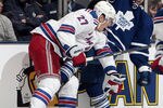 TORONTO - JANUARY 14: Nazem Kadri #43 of the Toronto Maple Leafs gets hit by Ryan McDonagh #27 of the New York Rangers during NHL action at the Air Canada Centre January 14, 2012 in Toronto, Ontario, Canada. (Photo by Abelimages/Getty Images)