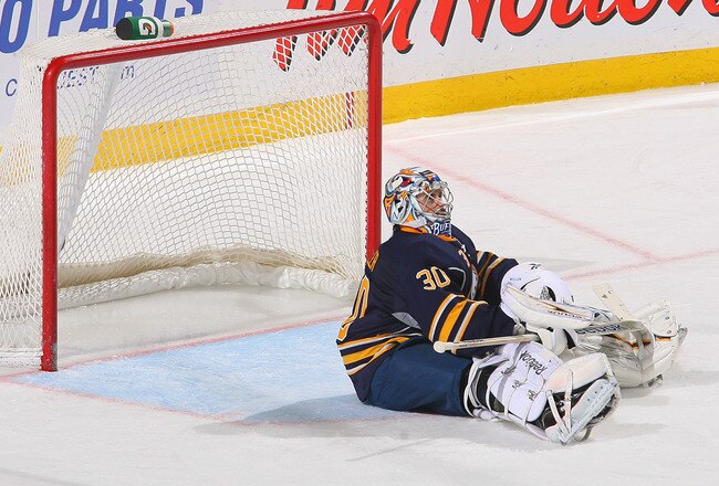 BUFFALO, NY - DECEMBER 26: Ryan Miller #30 of the Buffalo Sabres sits on the ice after giving up Washingtons' second goal of the game at First Niagara Center on December 26, 2011 in Buffalo, New York.Buffalo won 4-2.  (Photo by Rick Stewart/Getty Images)