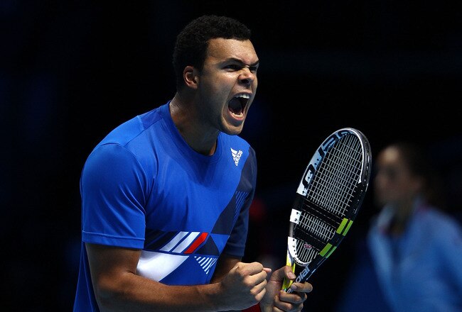 LONDON, ENGLAND - NOVEMBER 26:  Jo-Wilfried Tsonga of France celebrates winning the men's singles semi-final match against Tomas Berdych of Czech Republic during the Barclays ATP World Tour Finals at the O2 Arena on November 26, 2011 in London, England. Tsonga won 6-3 7-5 and will meet Roger Federer of Switzerland in the final.  (Photo by Clive Brunskill/Getty Images)