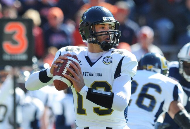 AUBURN, AL - NOVEMBER 6: Quarterback B. J. Coleman #19 of the Chattanooga Mocs sets to pass against the Auburn Tigers November 6, 2010 at Jordan-Hare Stadium in Auburn, Alabama.  Auburn won 62 - 24. (Photo by Al Messerschmidt/Getty Images)