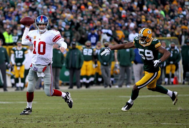 GREEN BAY, WI - JANUARY 15:  Eli Manning #10 of the New York Giants looks to pass against the Green Bay Packers during their NFC Divisional playoff game at Lambeau Field on January 15, 2012 in Green Bay, Wisconsin.  (Photo by Jonathan Daniel/Getty Images)
