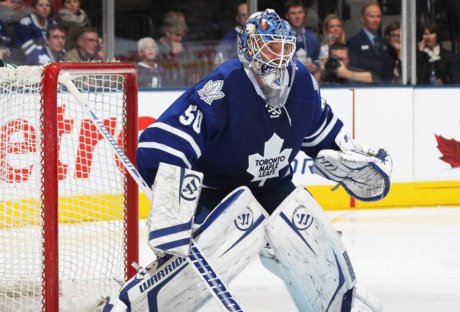 TORONTO, CANADA - JANUARY 05:  Jonas Gustavsson #50 of the Toronto Maple Leafs keeps an eye on the play in a game against the Winnipeg Jets on January 5, 2012 at the Air Canada Centre in Toronto, Canada. The Leafs defeated the Jets 4-0. (Photo by Claus Andersen/Getty Images)