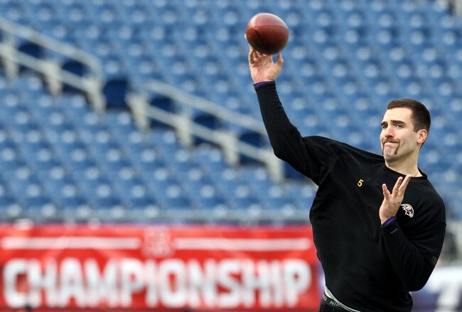 FOXBORO, MA - JANUARY 22:   Joe Flacco #5 of the Baltimore Ravens warms up prior to play against the New England Patriots in their AFC Championship Game at Gillette Stadium on January 22, 2012 in Foxboro, Massachusetts.  (Photo by Jim Rogash/Getty Images)