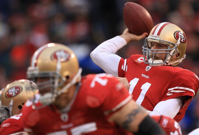 SAN FRANCISCO, CA - JANUARY 02:    Alex Smith #11 of the San Francisco 49ers passes against the Arizona Cardinals during an NFL game at Candlestick Park on January 2, 2011 in San Francisco, California.  (Photo by Jed Jacobsohn/Getty Images)