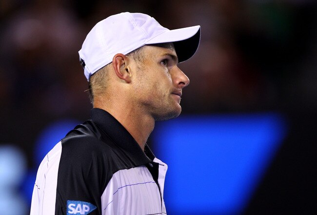 MELBOURNE, AUSTRALIA - JANUARY 19:  Andy Roddick of the United States looks on between points in his second round match against Lleyton Hewitt of Australia during day four of the 2012 Australian Open at Melbourne Park on January 19, 2012 in Melbourne, Australia.  (Photo by Mark Kolbe/Getty Images)