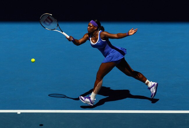 MELBOURNE, AUSTRALIA - JANUARY 19:  Serena Williams of the United States of America plays a forehand in her second round match against Barbora Zahlavova Strycova of the Czech Republic during day four of the 2012 Australian Open at Melbourne Park on January 19, 2012 in Melbourne, Australia.  (Photo by Ryan Pierse/Getty Images)