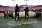 SAN FRANCISCO, CA - JANUARY 22:  Members of the grounds crew squeegee water off of the field prior to the San Francisco 49ers host the New York Giants the field during the NFC Championship Game at Candlestick Park on January 22, 2012 in San Francisco, California.  (Photo by Doug Pensinger/Getty Images)