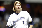 MILWAUKEE, WI - SEPTEMBER 25:  Corey Hart #1 of the Milwaukee Brewers chews on a piece of gum as they Brewers play the Florida Marlins in the second inning at a Major League Baseball game at Miller Park Stadium on September 25, 2011 in Milwaukee, Wisconsin.  (Photo by Darren Hauck/Getty Images)