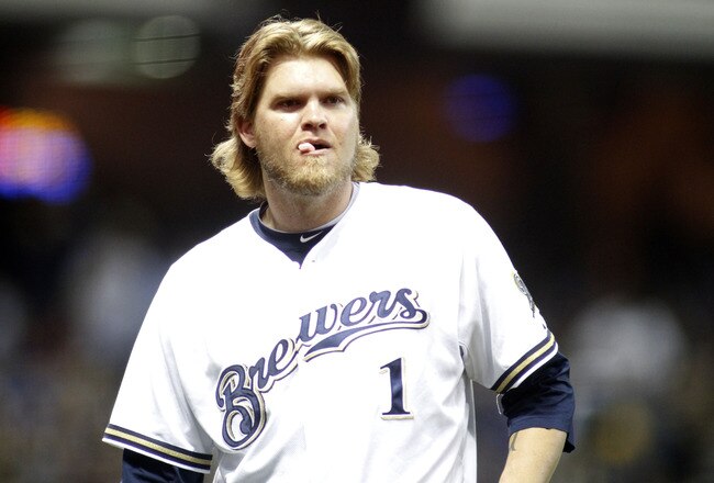 MILWAUKEE, WI - SEPTEMBER 25:  Corey Hart #1 of the Milwaukee Brewers chews on a piece of gum as they Brewers play the Florida Marlins in the second inning at a Major League Baseball game at Miller Park Stadium on September 25, 2011 in Milwaukee, Wisconsin.  (Photo by Darren Hauck/Getty Images)