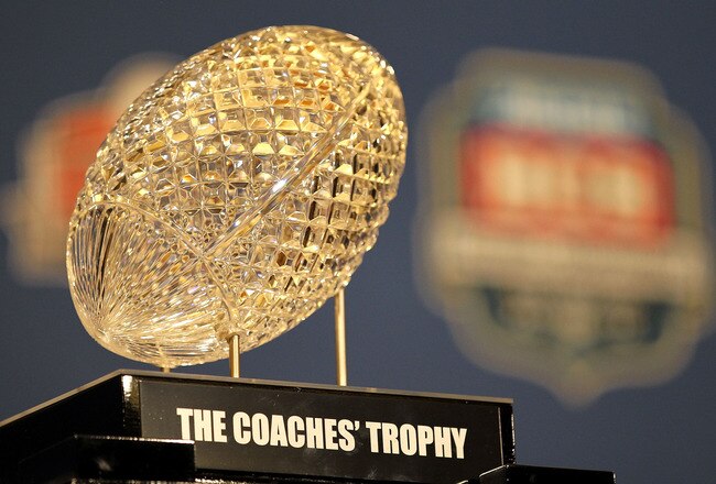 NEW ORLEANS, LA - JANUARY 10:   The Coaches' Trophy, awarded to head coach Nick Saban of the Alabama Crimson Tide after defeating Louisiana State University Tigers in the 2012 Allstate BCS National Championship Game during a press conference on January 10, 2012 in New Orleans, Louisiana.  (Photo by Andy Lyons/Getty Images)