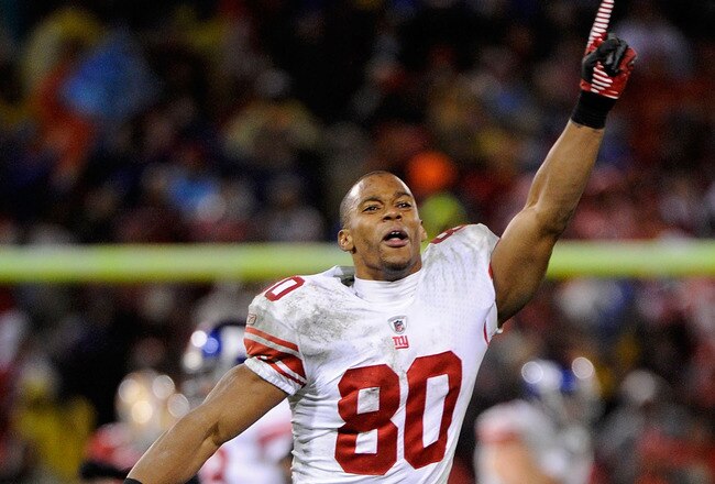 SAN FRANCISCO, CA - JANUARY 22: Victor Cruz #80 of the New York Giants celebrates after the Giants won 20-17 in overtime against the San Francisco 49ers during the NFC Championship Game at Candlestick Park on January 22, 2012 in San Francisco, California.  (Photo by Thearon W. Henderson/Getty Images)