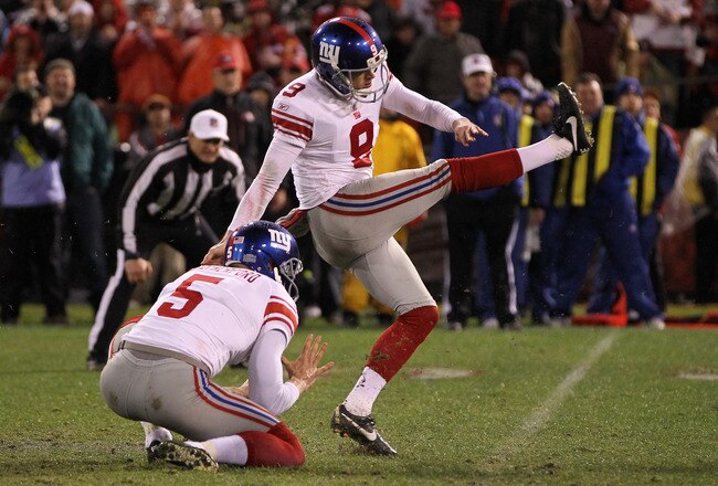 SAN FRANCISCO, CA - JANUARY 22:  Lawrence Tynes #9 of the New York Giants kicks a 31-yard game-winning field goal in overtime against the San Francisco 49ers during the NFC Championship Game at Candlestick Park on January 22, 2012 in San Francisco, California.  (Photo by Jamie Squire/Getty Images)